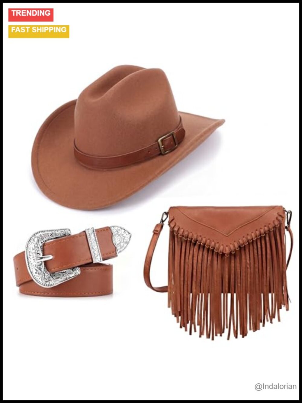 Felt Cowboy Hat Genuine Leather Belt Fringe Crossbody Purse Set